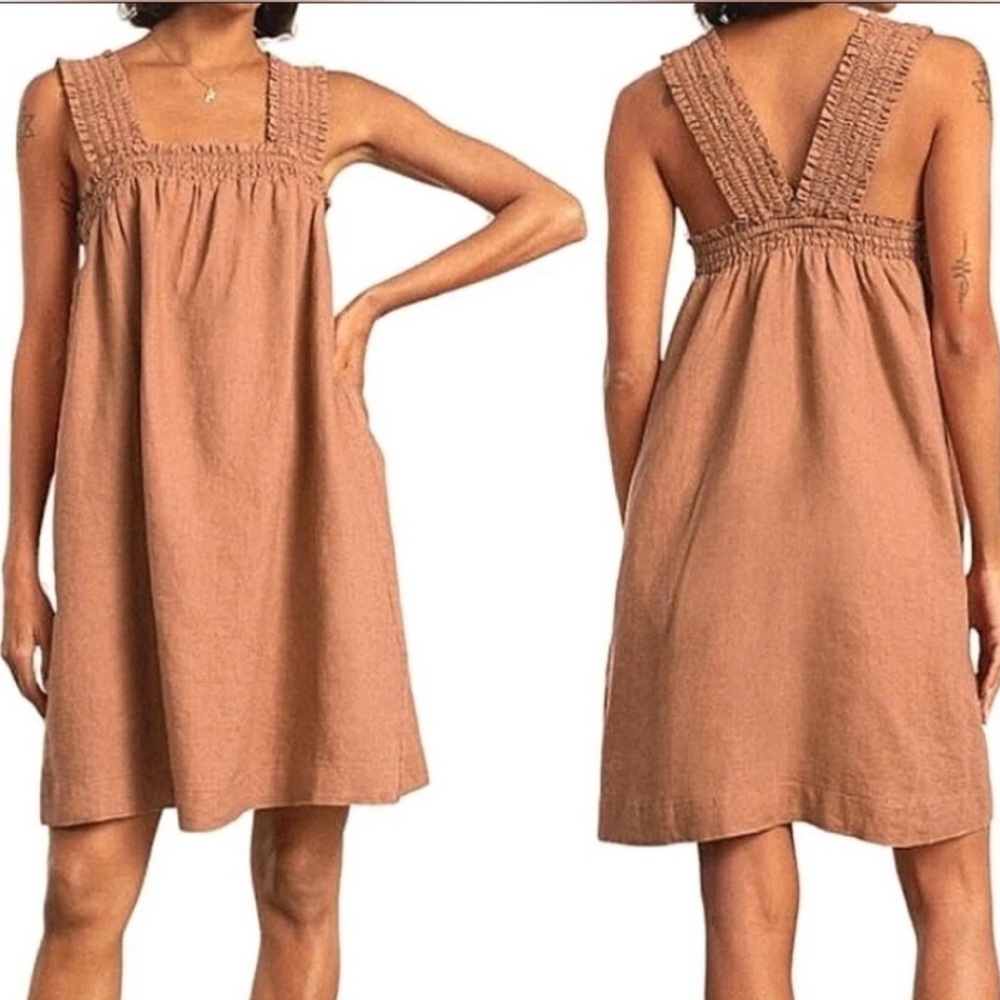 Everlane Smocked Linen Mini Dress in XS, brown